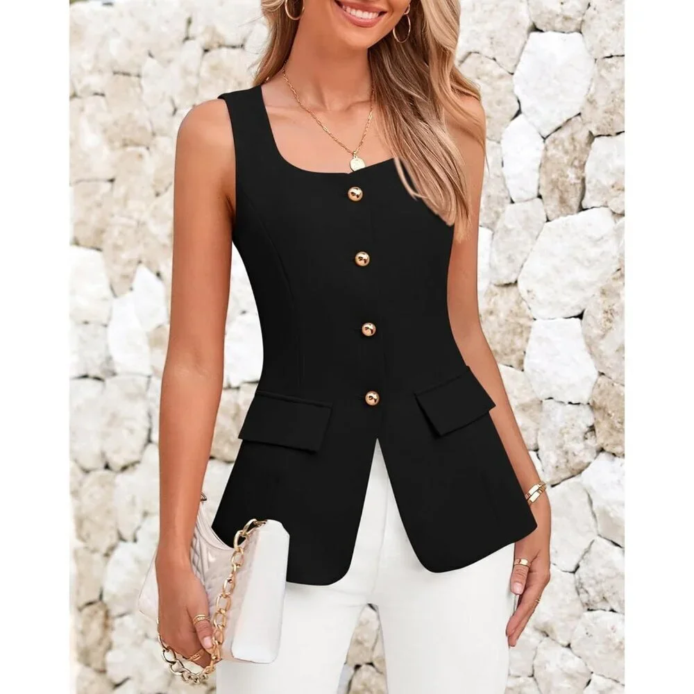 Women's Black Sleeveless Suit Vests Dressy Casual Square Neck Business Work